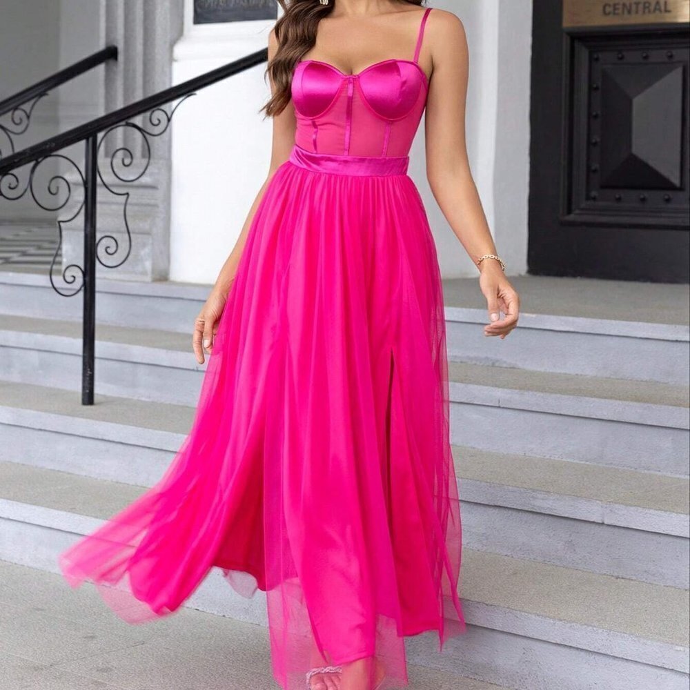 Pink Boho Womens Split Thigh Mesh Cami Dress - Picture 4 of 5